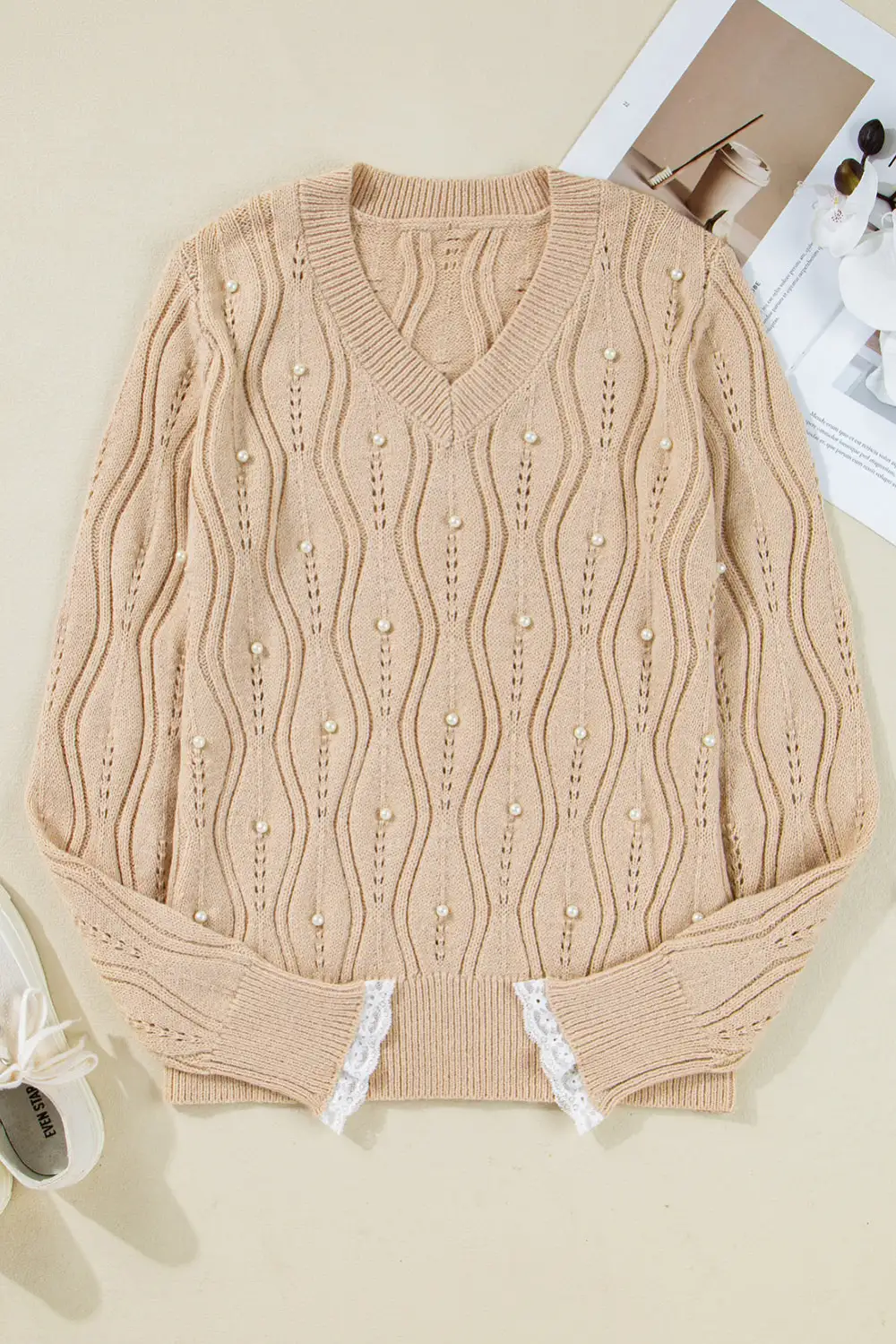 Lace Trim Knit Pearl Detail Sweater