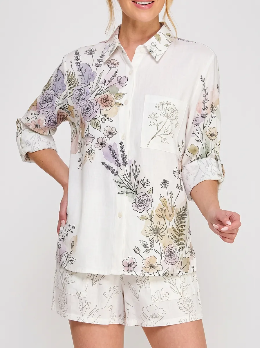 Women's Floral Botanical Watercolor Printed Button-up Shirt