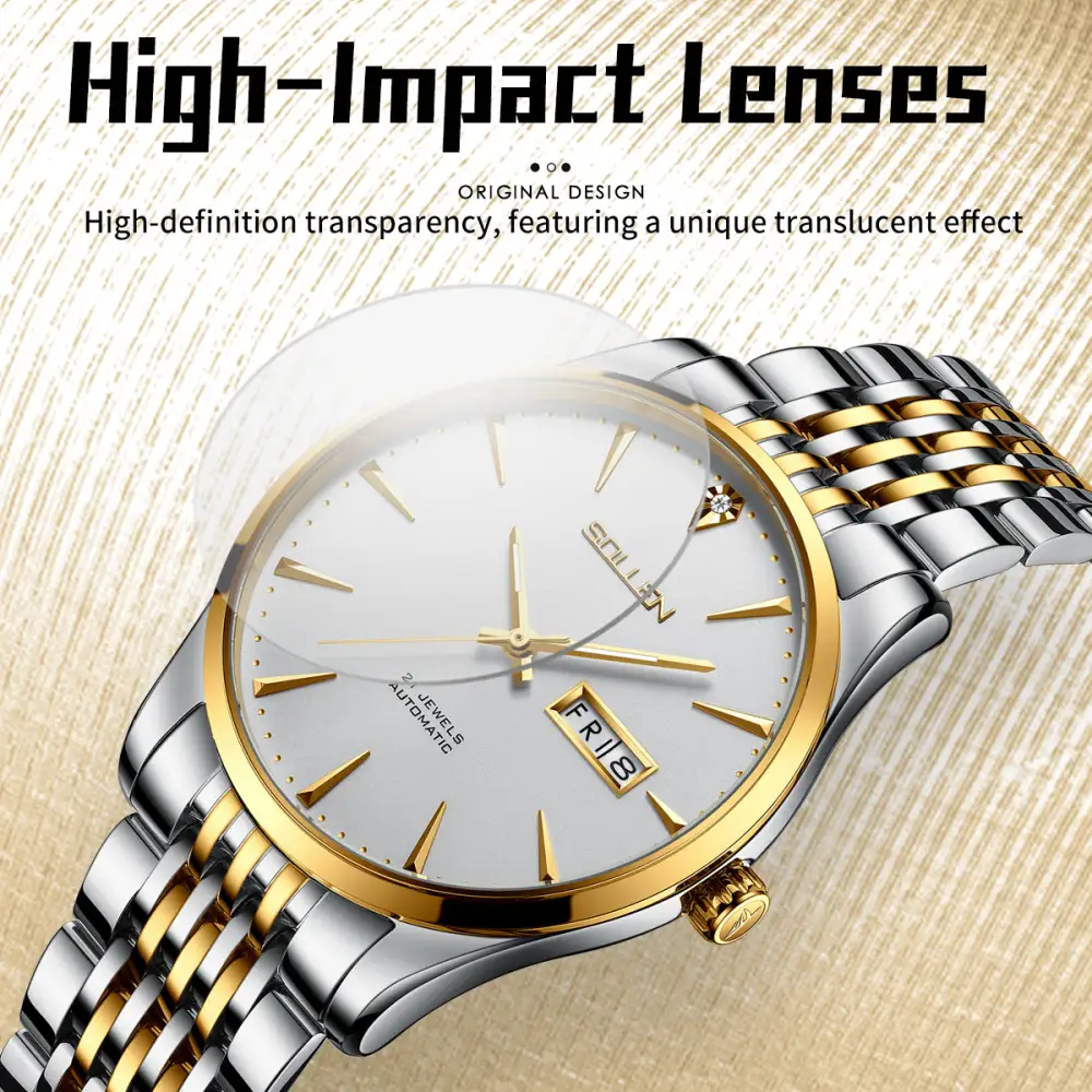 Sollen 9030 Automatic Watch - Men's Diamond-Set Dial Day Date 9-Bead Stainless Steel Bracelet Wristwatch
