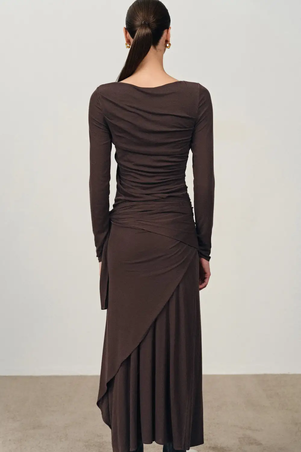 Fluid Long Sleeve Pleated Lyocell Merino Knit Maxi Dress