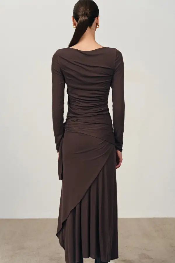 Fluid Long Sleeve Pleated Lyocell Merino Knit Maxi Dress