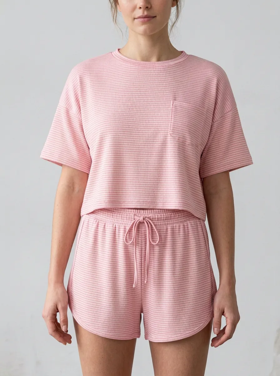 Women's Casual Minimalist Beige Striped Printed Loungewear Set