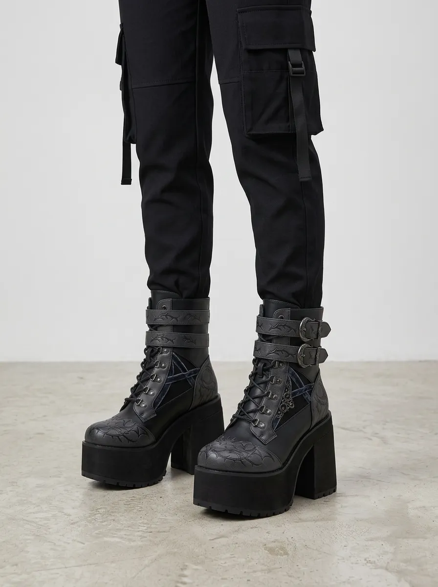 Dark Moon Thorn Buckle Design Women's Gothic Platform Boots