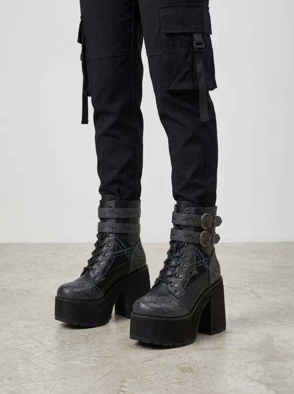 Dark Moon Thorn Buckle Design Women's Gothic Platform Boots