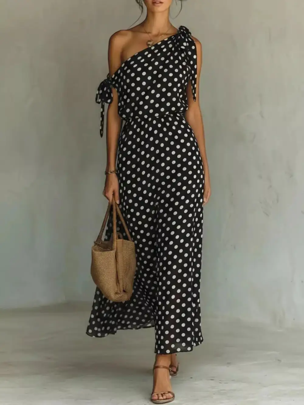 Full Size Polka Dot One Shoulder Maxi Dress With Tie Details Plus Size