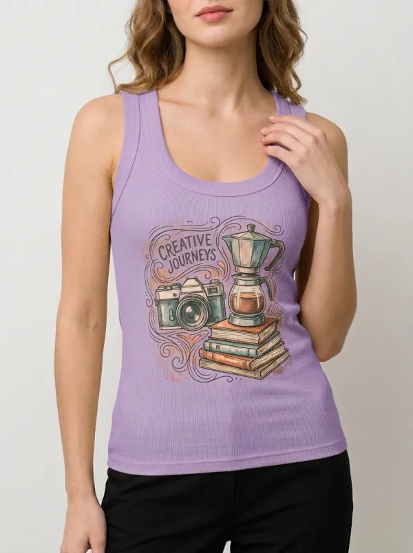Women's Creative Journeys Camera Coffee Books Printed Tank Top