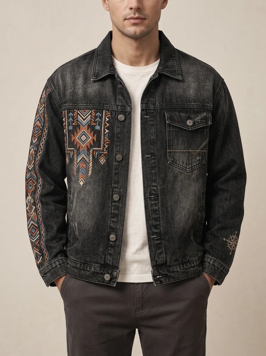 Men's Modern Motif Tribal Geometric Denim Jacket