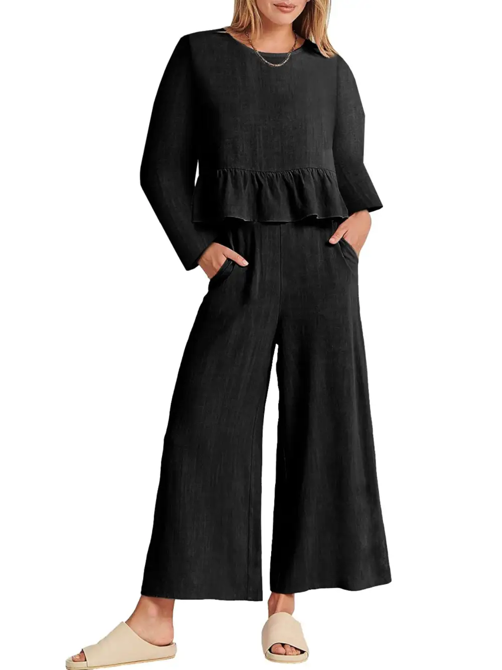 Ruffled Hem Long Sleeve Top and Pants Set