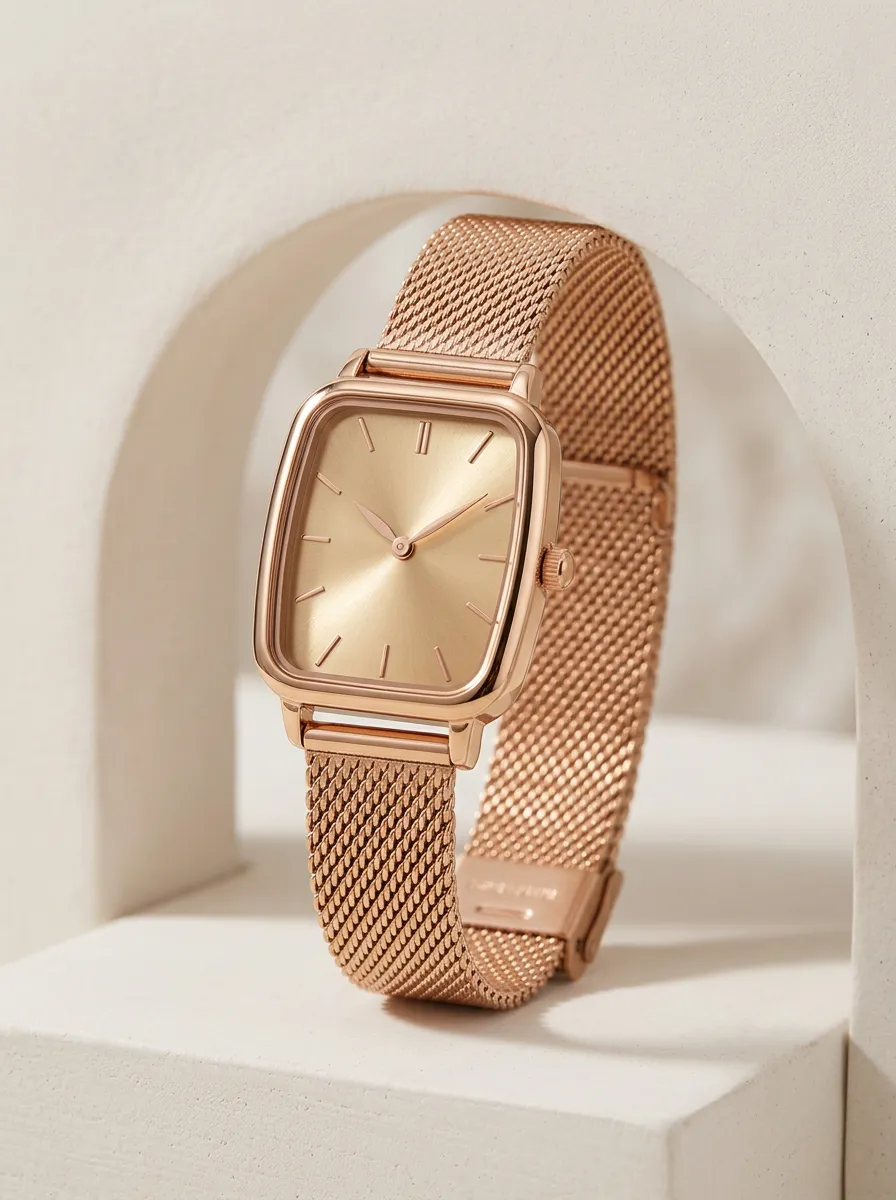 Rose Gold Square Mesh Strap Watch