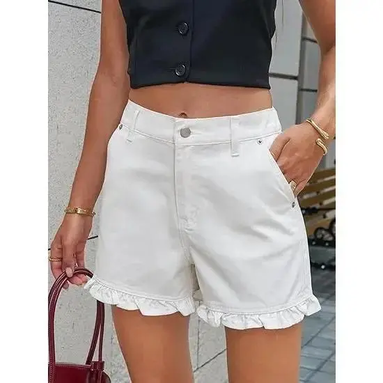 Women's Summer Ruffle Denim Shorts Cute High Waisted Cotton Jorts