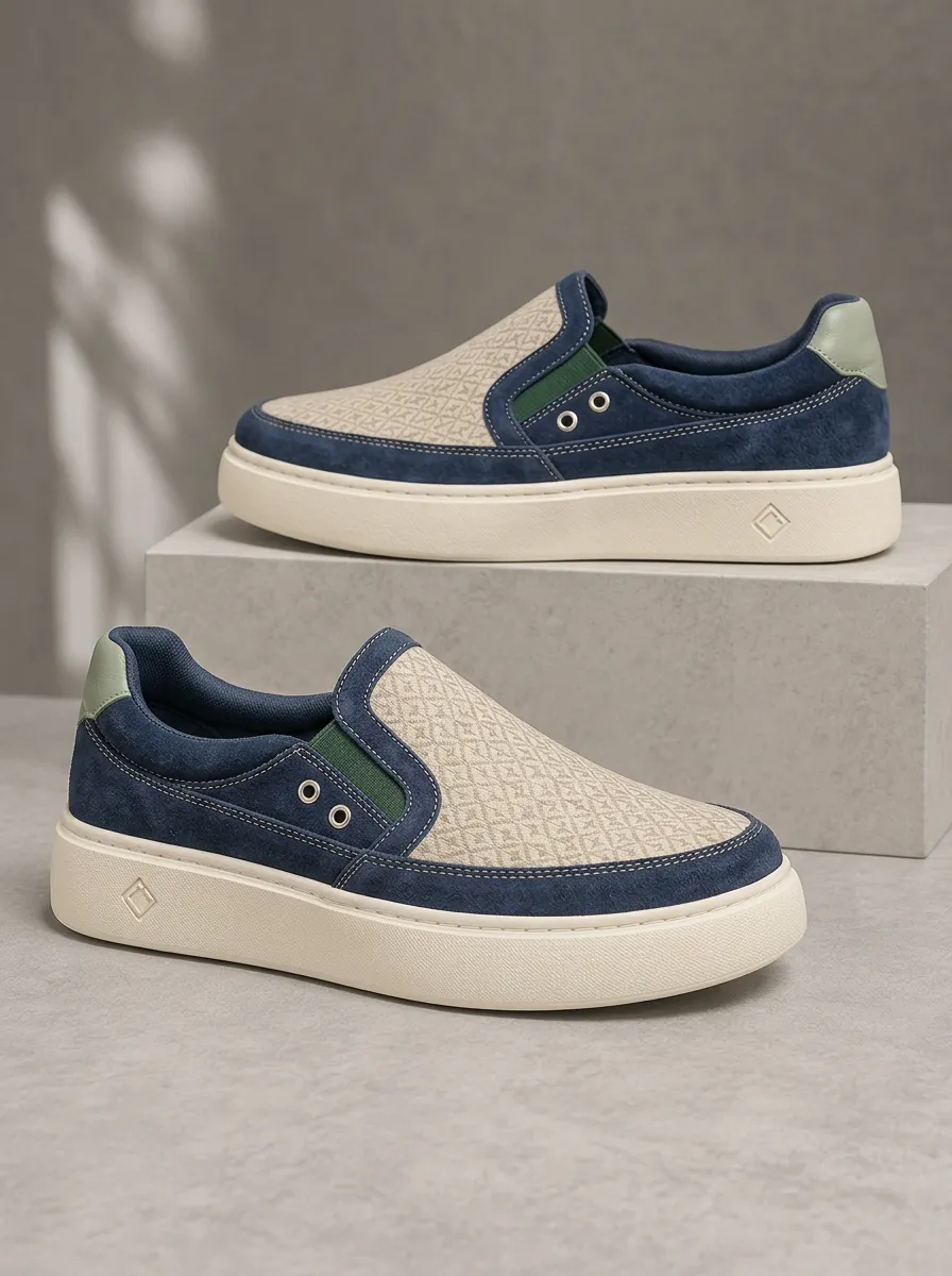 Men's Geometric Pattern Suede Patchwork Printed Slip-on Shoes