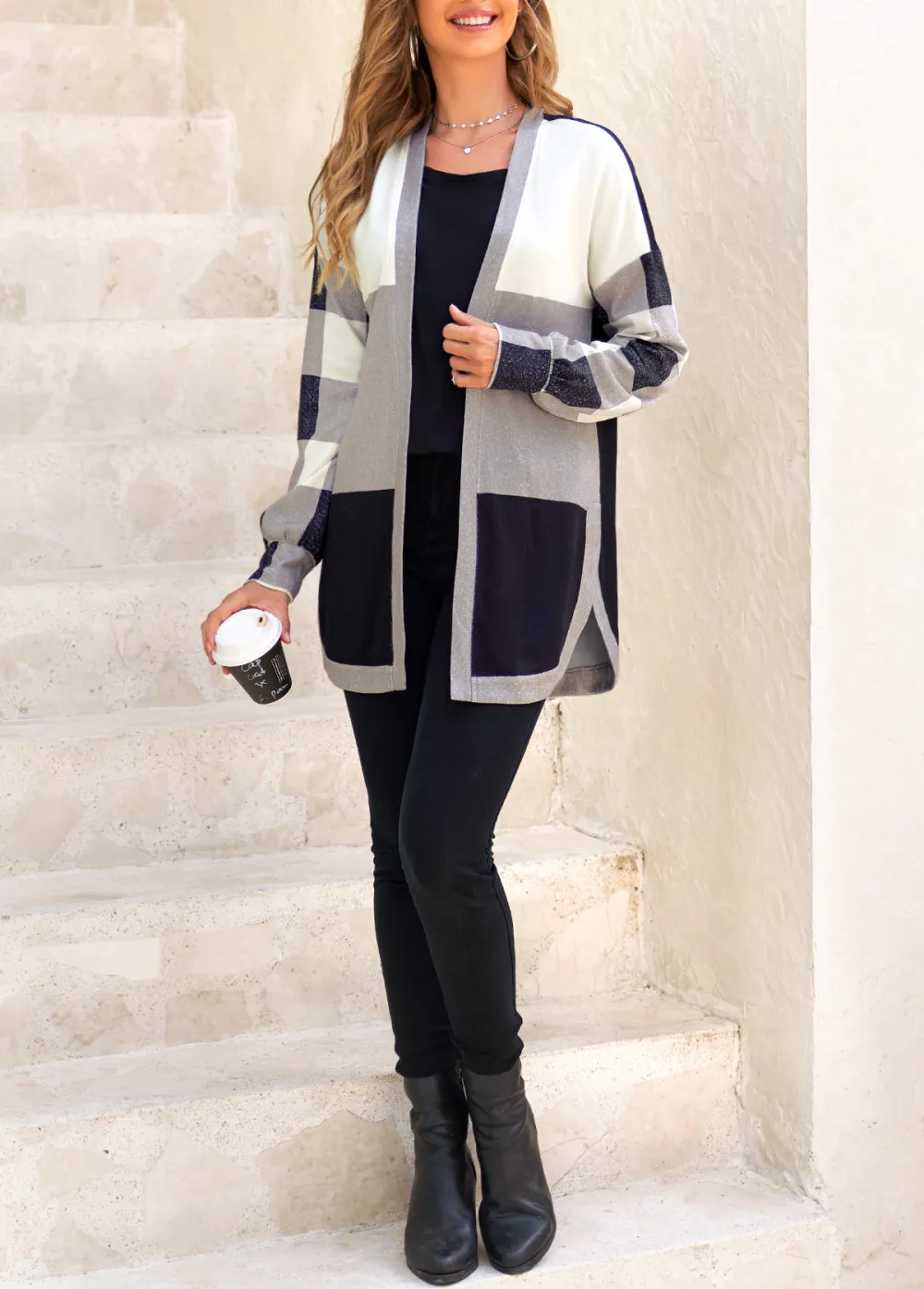 Black Split Plaid Long Sleeve Coat
