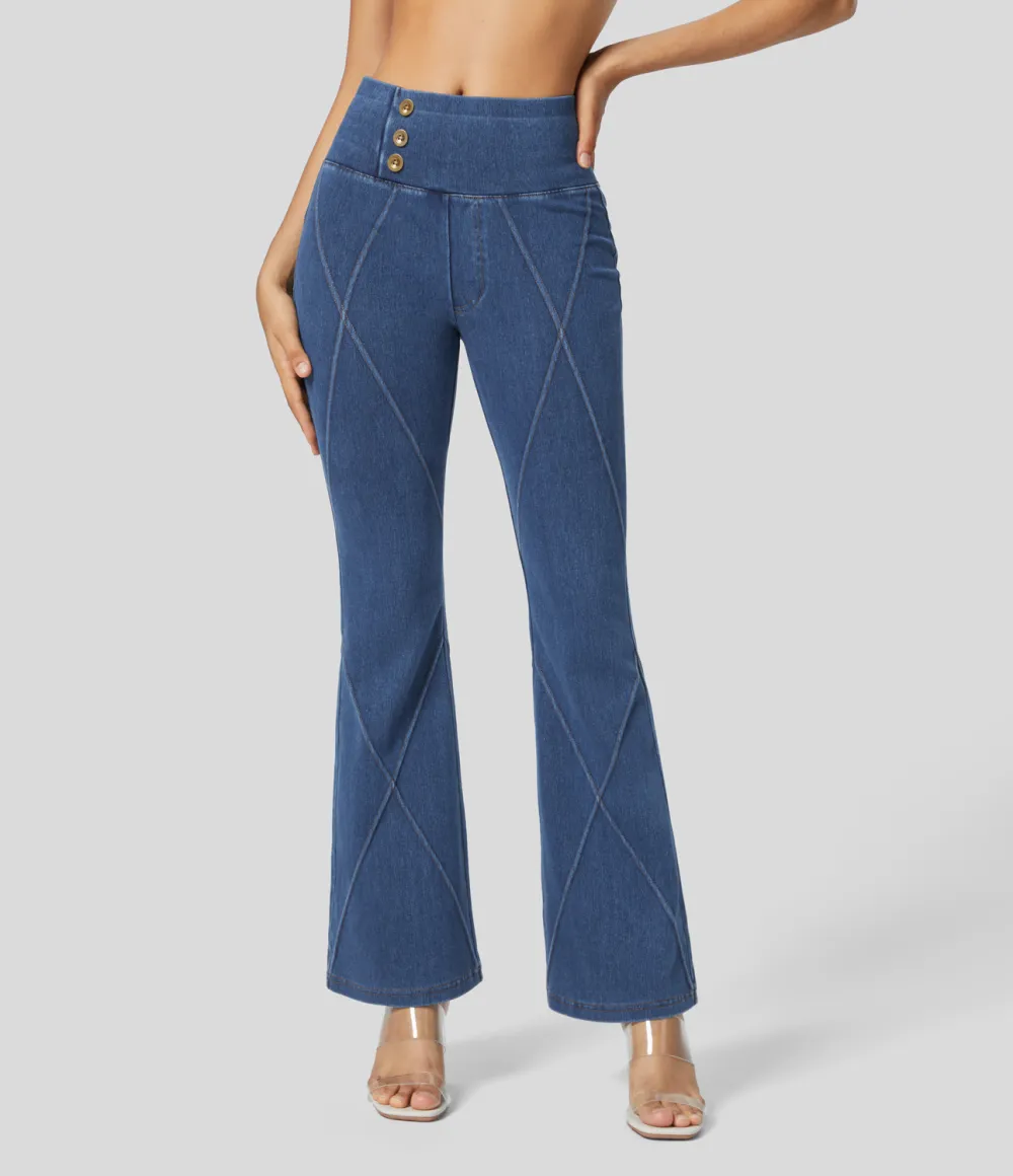 Magic High Waisted Button Top-stitching Washed Stretchy Knit Casual Flare Jeans