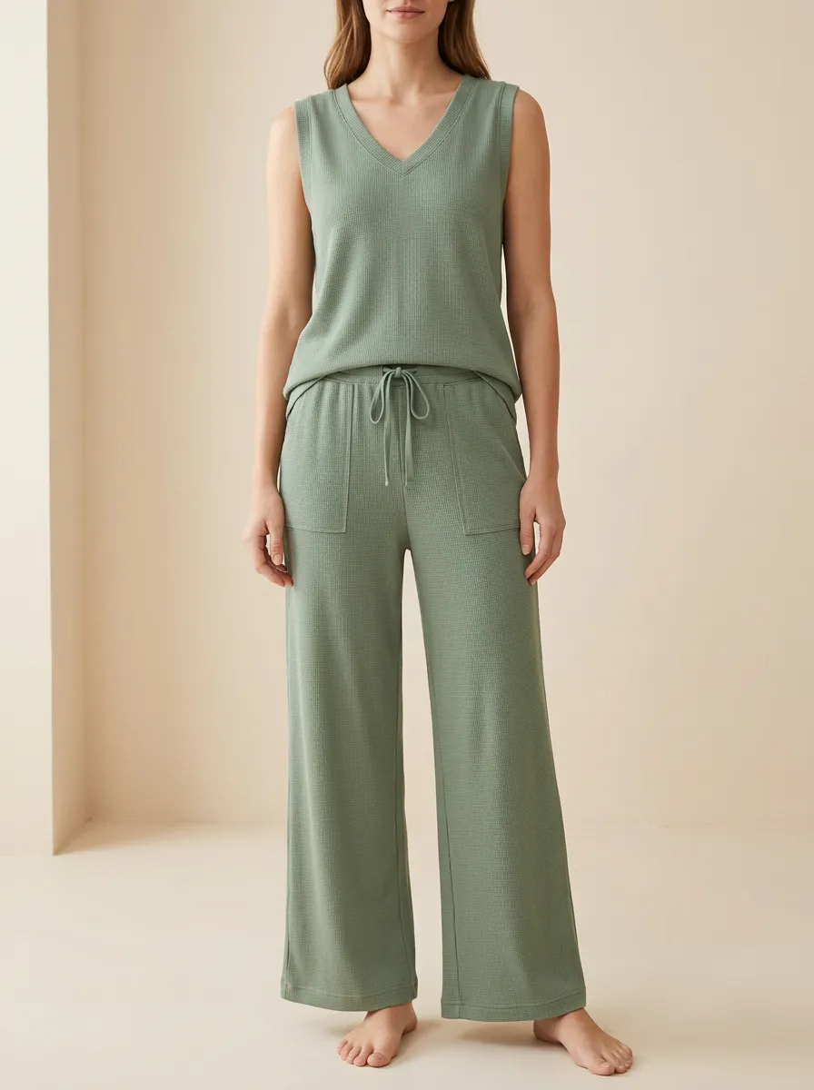 Waffle Knit V-Neck Sleeveless Lounge Set