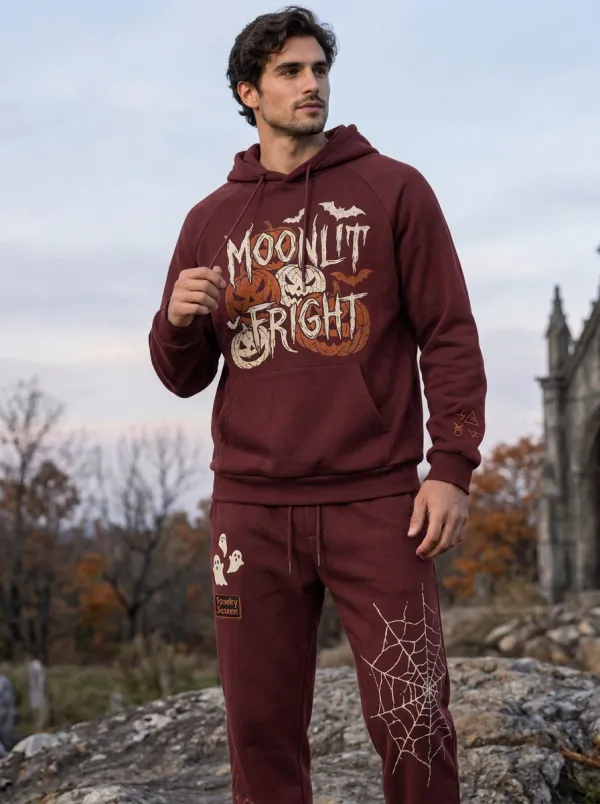 Men's Halloween Moonlit Fright Pumpkin Ghost Spiderweb Printed Tracksuit