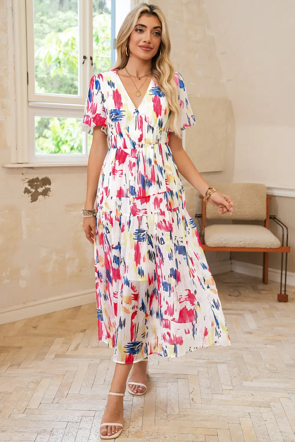 Abstract Print Tiered Puff Sleeve Maxi Dress