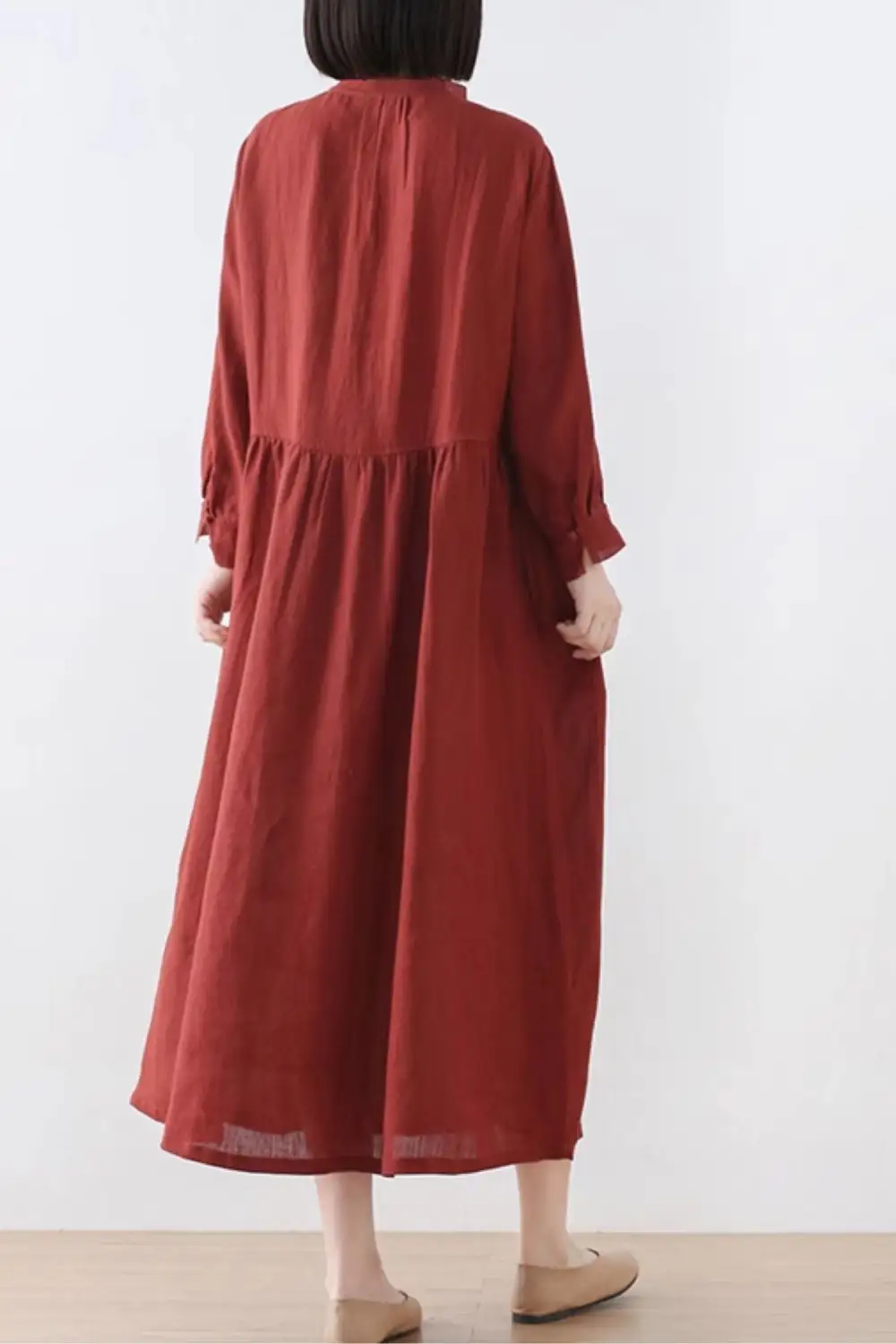 Classic Linen Long Sleeve Midi Dress