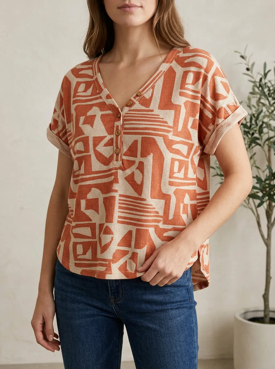 Women's Geometric Pattern Waffle Knit Printed Henley Top