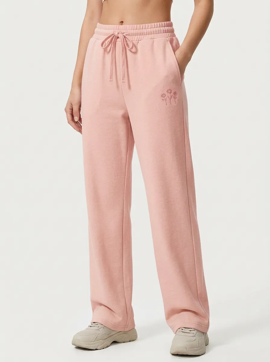 Women's Minimalist Floral Beige Embroidered Sweatpants