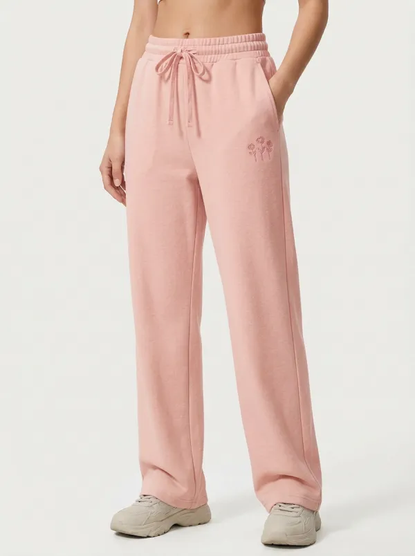 Women's Minimalist Floral Beige Embroidered Sweatpants