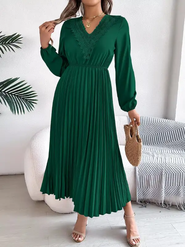 Lace V Neck Pleated Dress Casual