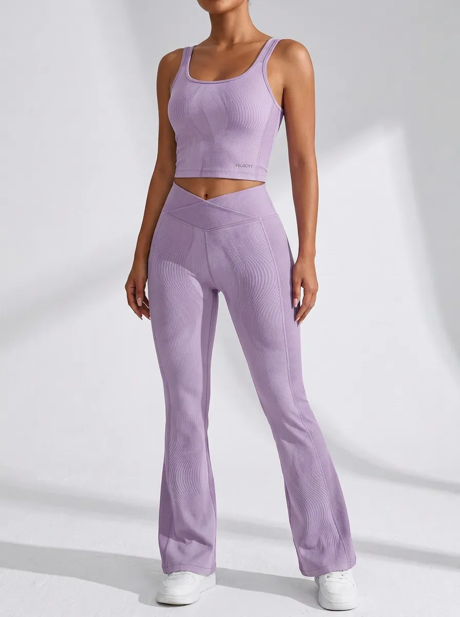 Ribbed Paneled Crossover Waist Flare Active Set