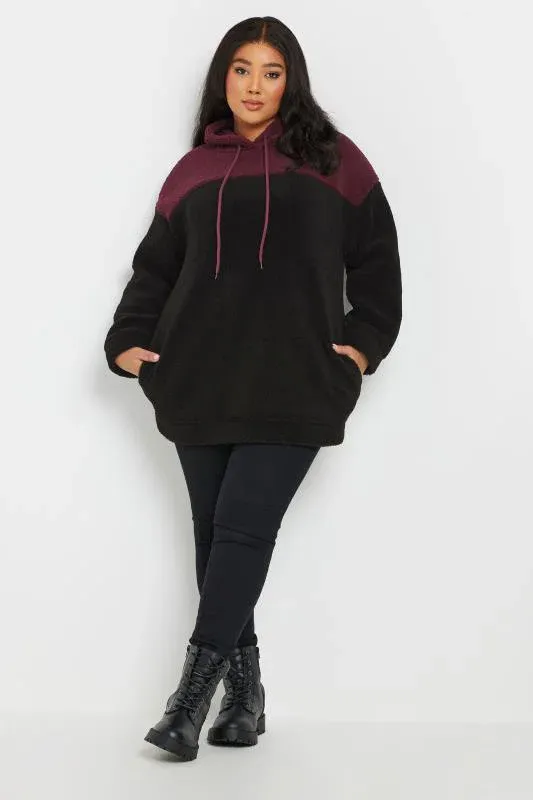 Black & Burgundy Red Colourblock Teddy Fleece Hoodie