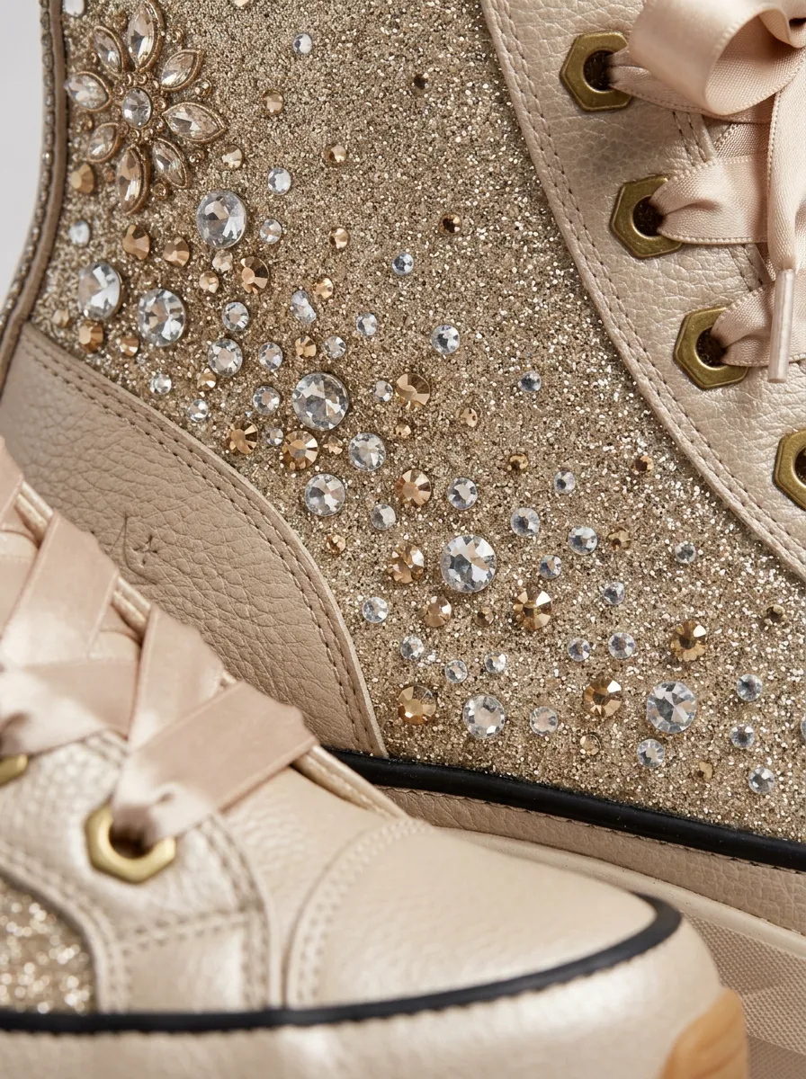 Floral Lace-Detail Lace-Up Geometric Women's Rhinestone Platform Shoes