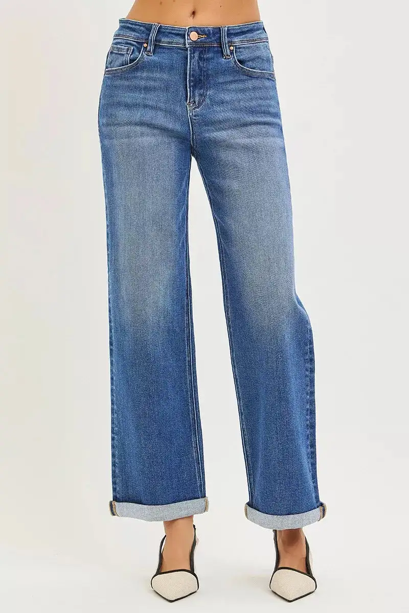 High Rise Cuffed Hem Straight Leg Jeans