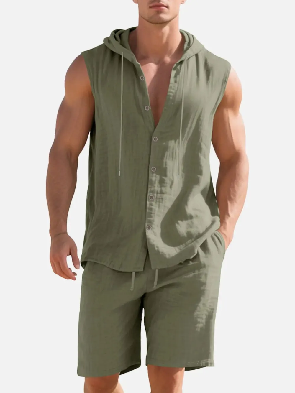 Linen Hooded Sleeveless Matching Set