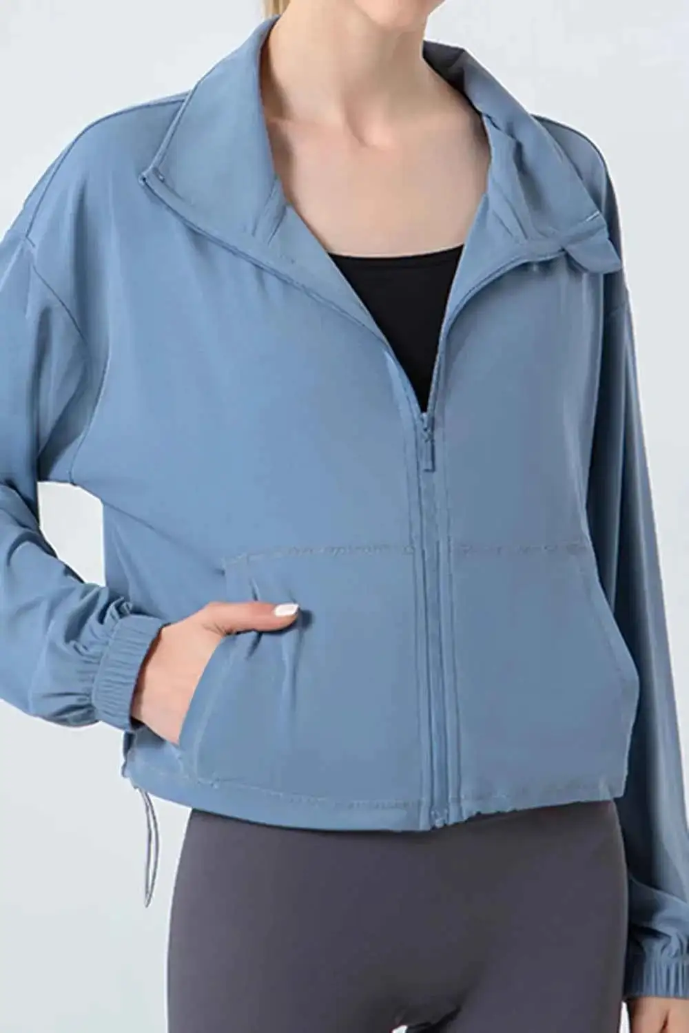 Drawstring Zip-Up Dropped Shoulder Active Outerwear