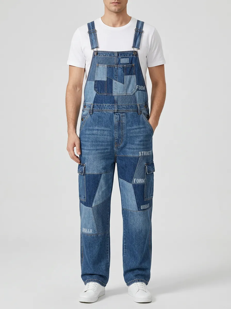 Patchwork Denim Graphic Text Overalls