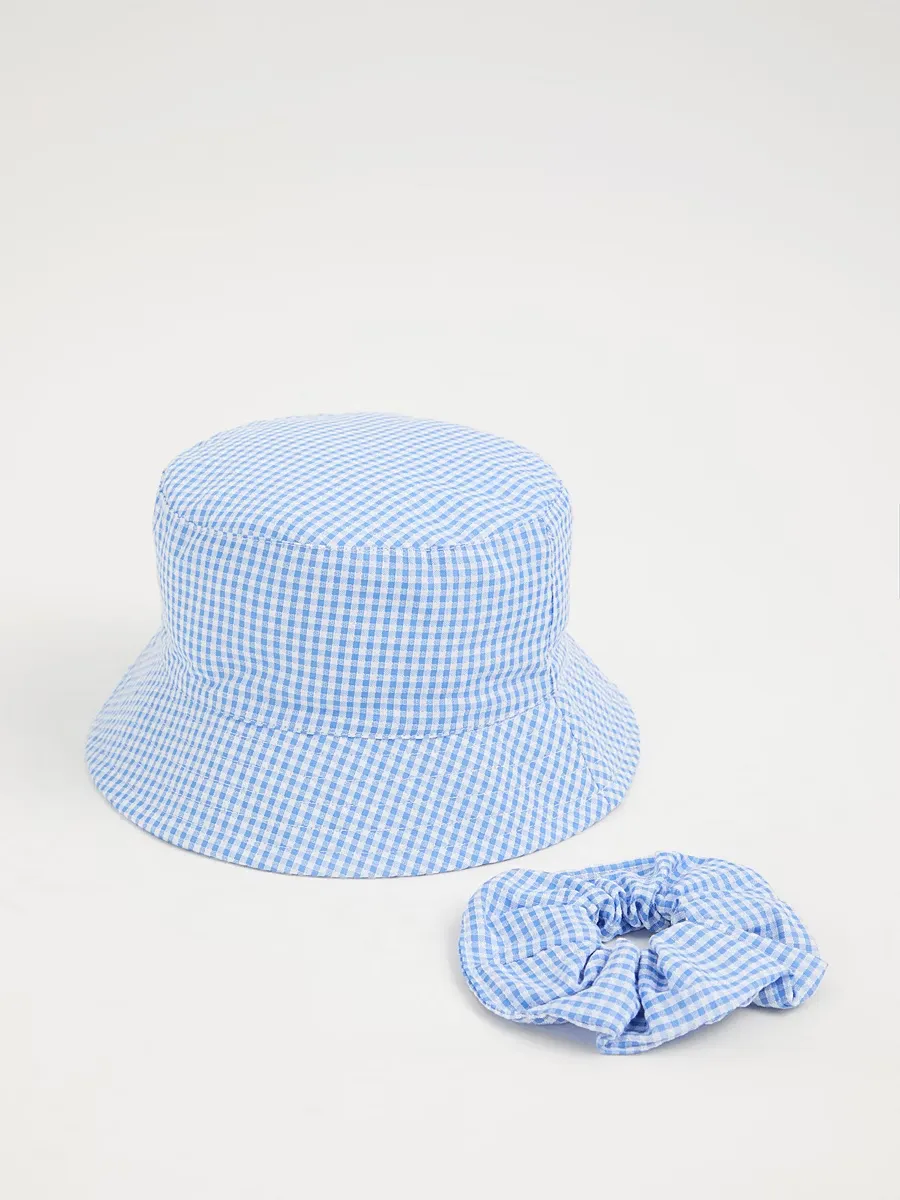 Blue Gingham Bucket Hat and Scrunchie Set