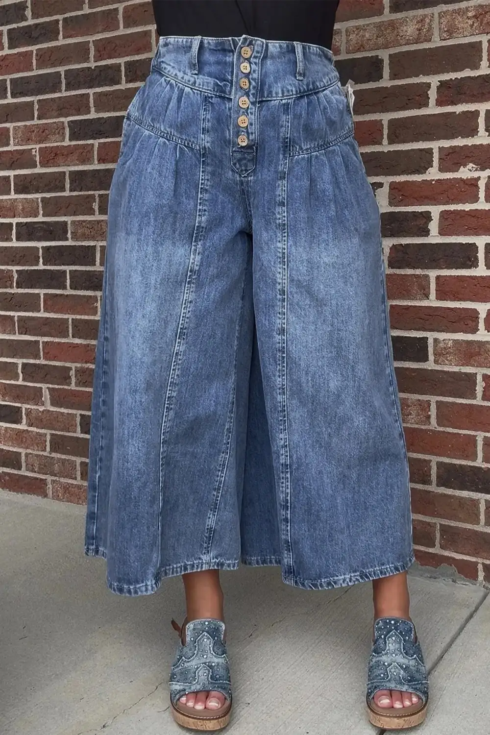 Women's High Rise Buttons Pleated Cropped Wide Leg Denim Pants