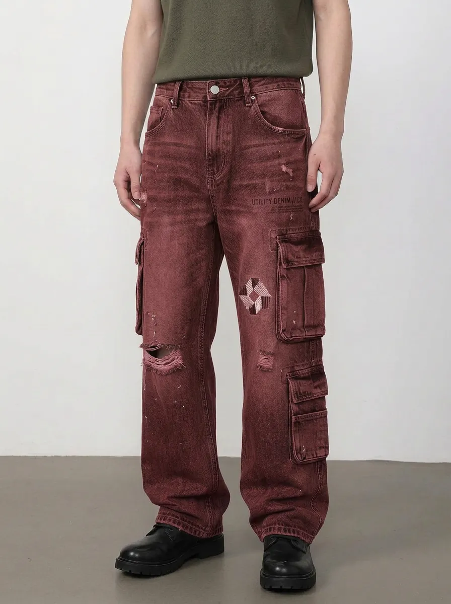 Men's Utility Denim Geometric Patch Distressed Printed Cargo Jeans