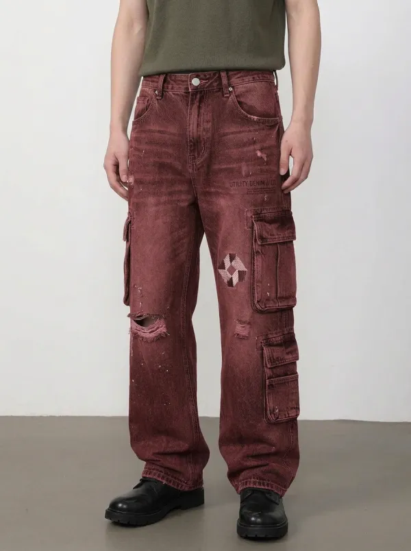 Men's Utility Denim Geometric Patch Distressed Printed Cargo Jeans