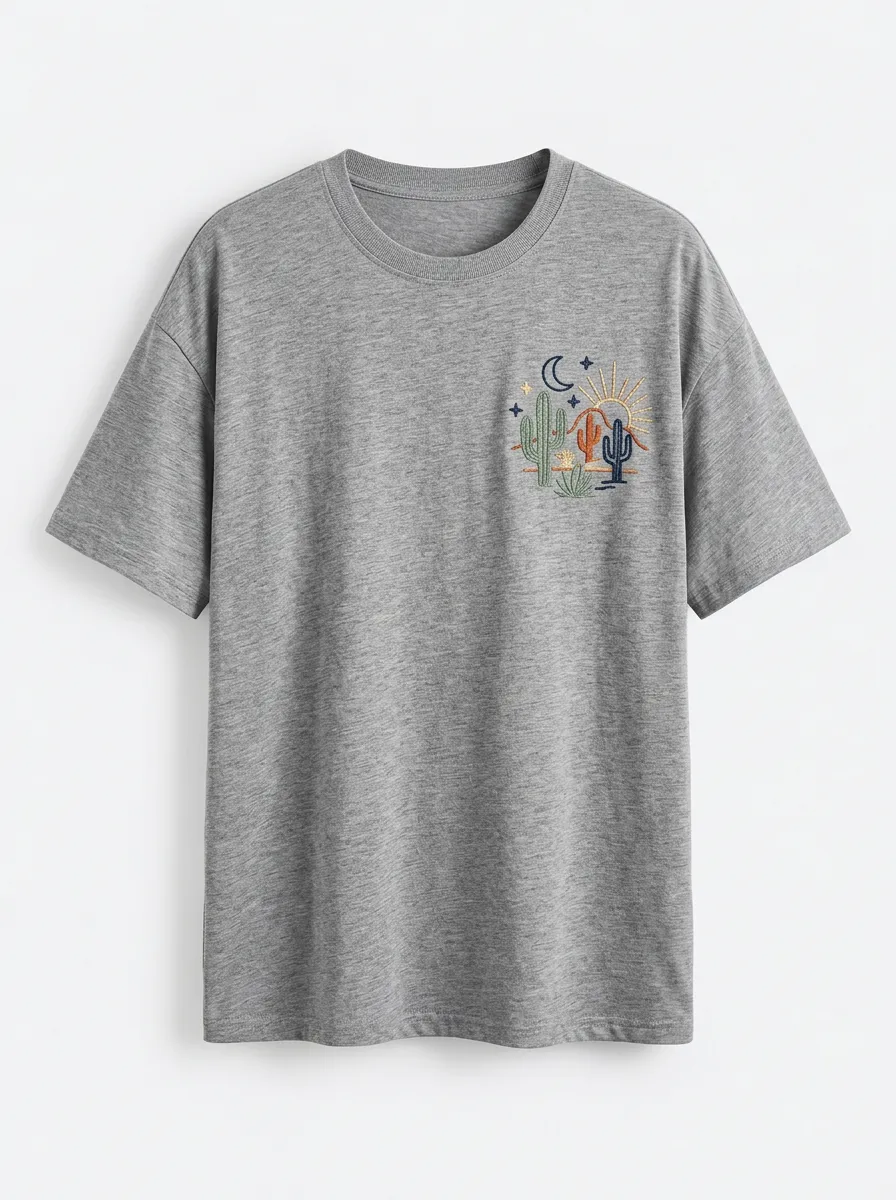 Unisex Desert Nature Lover Cactus Moon Sun Embroidered T-shirt