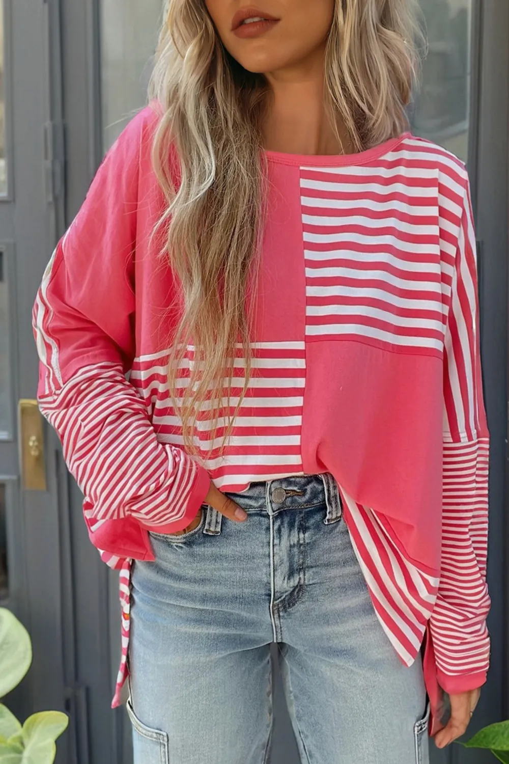 Pink Stripe Block Patchwork Drop Top