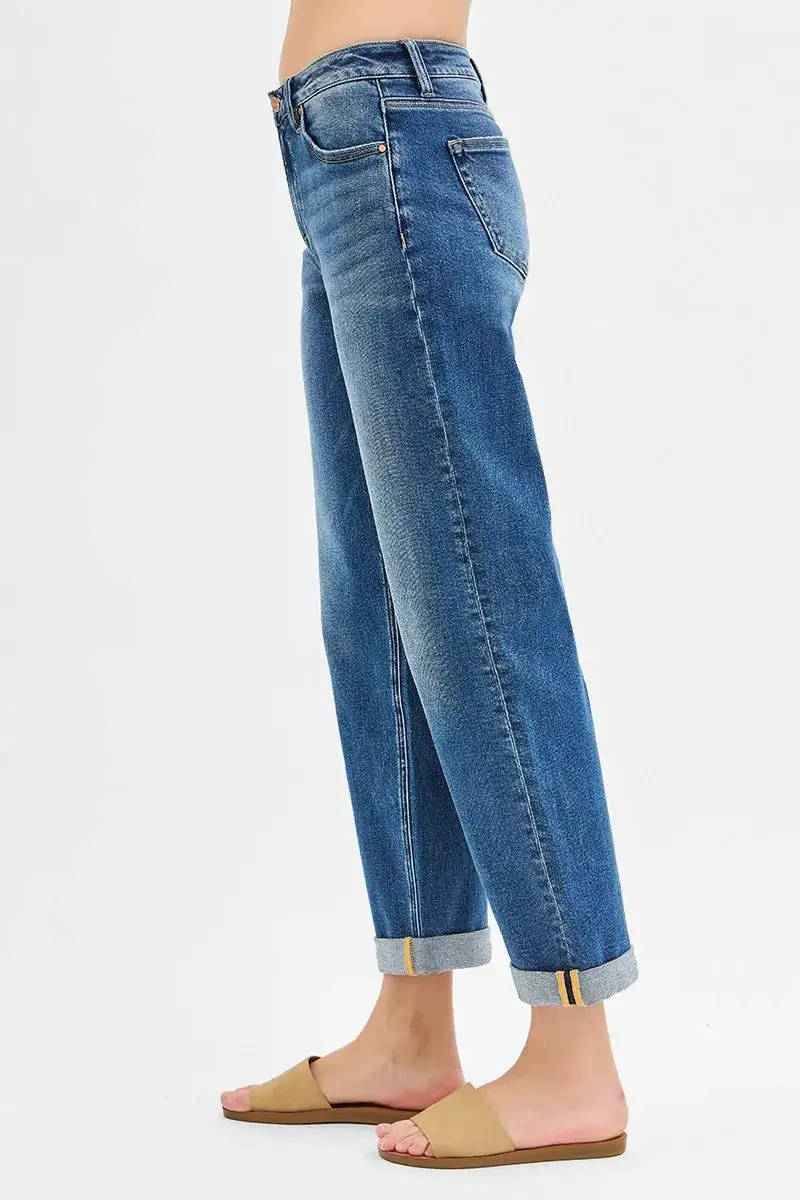 Mid Rise Cuffed Hem Straight Leg Jeans