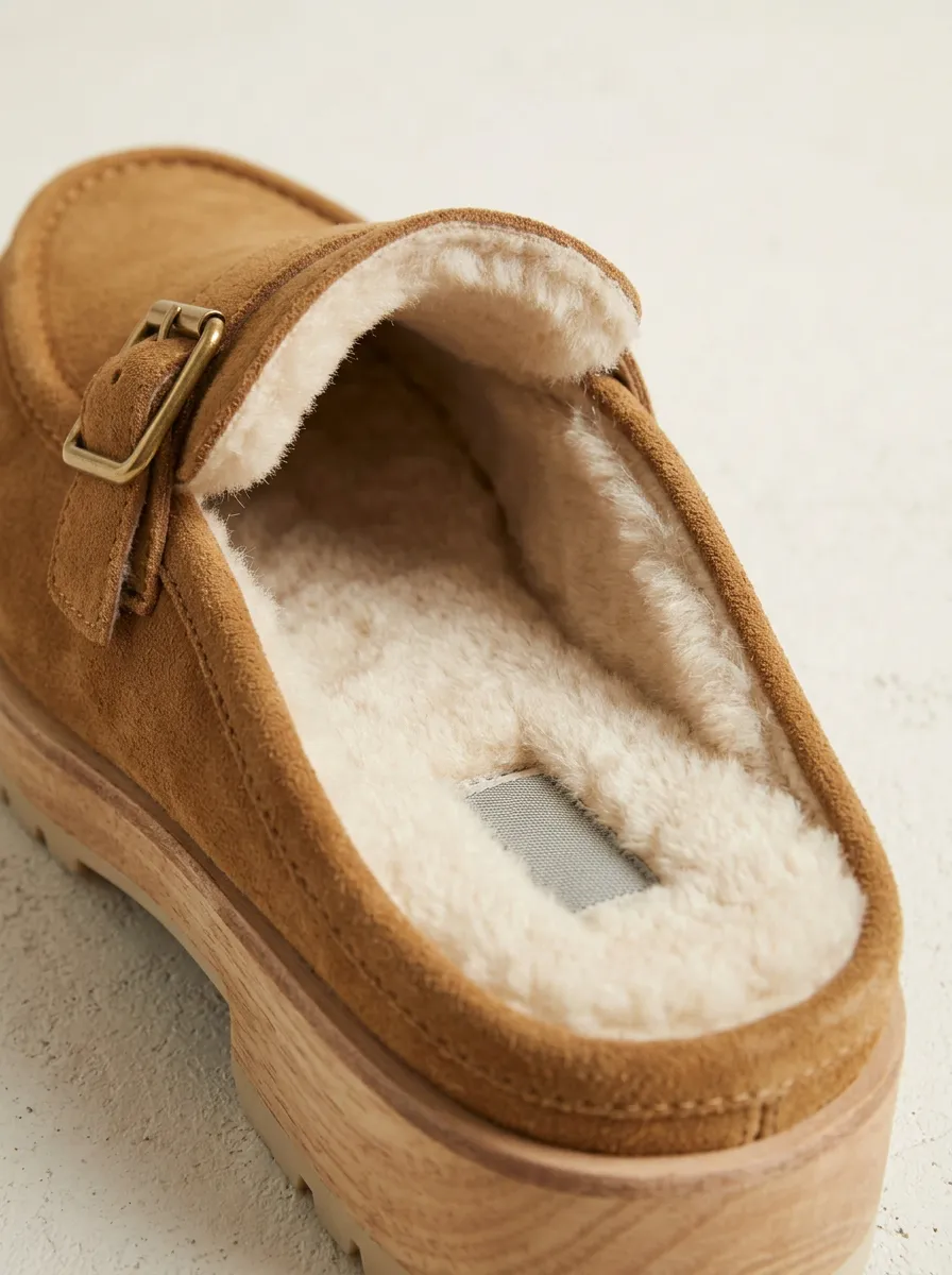 Women's Classic Faux Fur Lined Buckle Detail Casual Suede Wood Sole Loafers