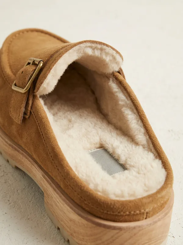 Women's Classic Faux Fur Lined Buckle Detail Casual Suede Wood Sole Loafers