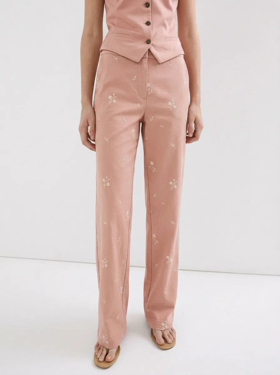 Women's Floral Aesthetic Beige Embroidered Mid-Rise Straight Leg Pants