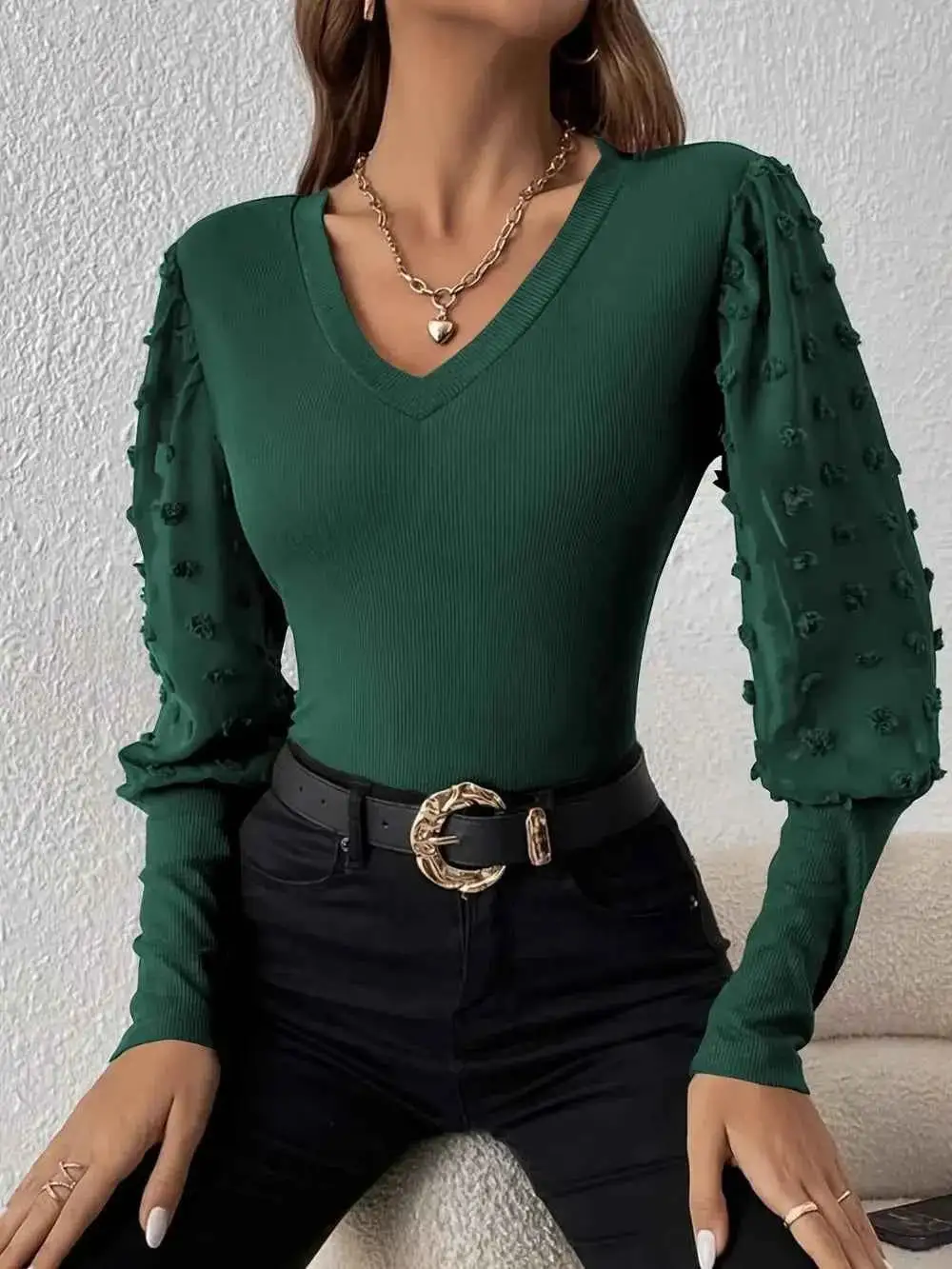 Dot Texture V-Neck Long Sleeve Top