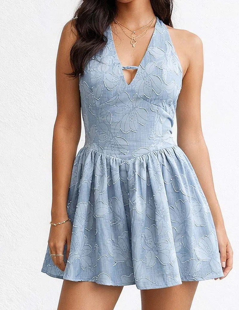 Boho Jacquard Halter V Neck Sleeveless Mini Dress
