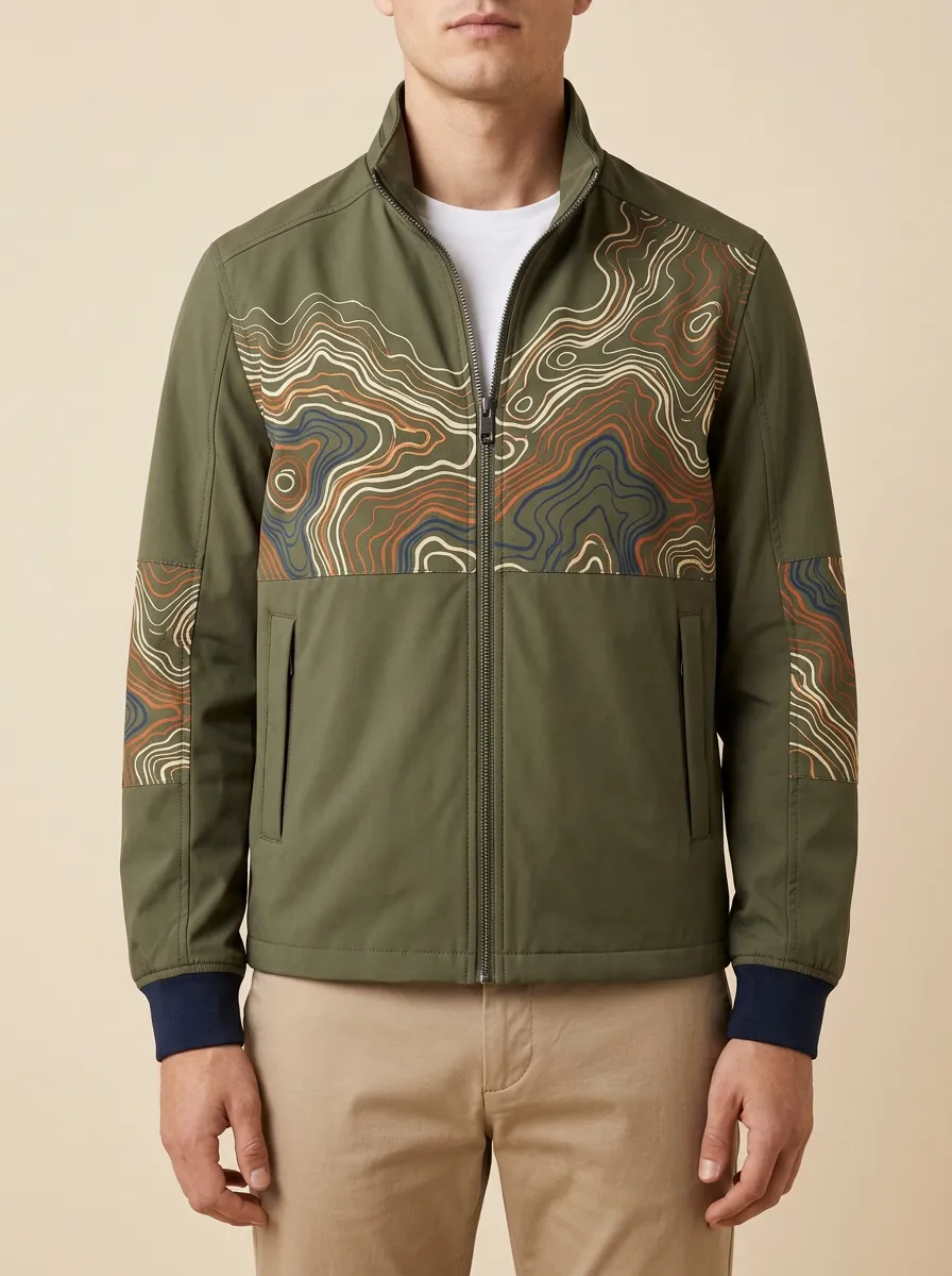 Topographic Print Stand Collar Zip-Up Jacket