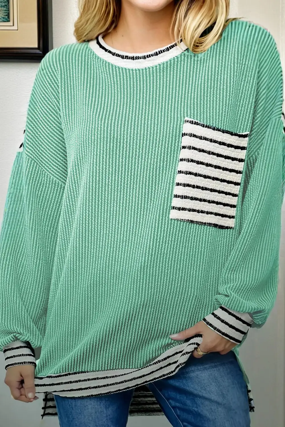 Striped Ribbed Round Neck Women's Top