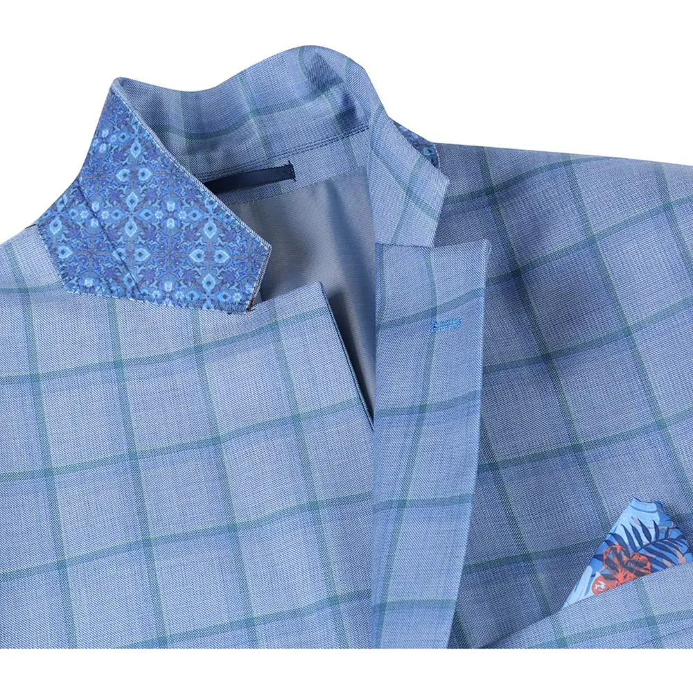 Blue Classic Fit Wool Plaid Single Breasted Two Button Blazer