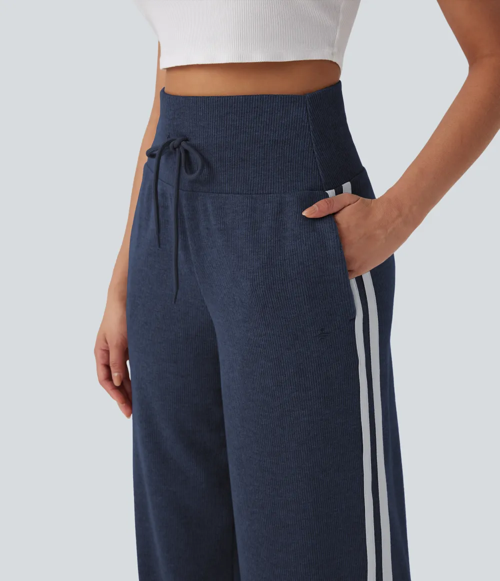 2026🔥  Ribbed SoCinched High Waisted Tummy Control Drawstring Wide Leg Color Block Casual Trousers with Pockets