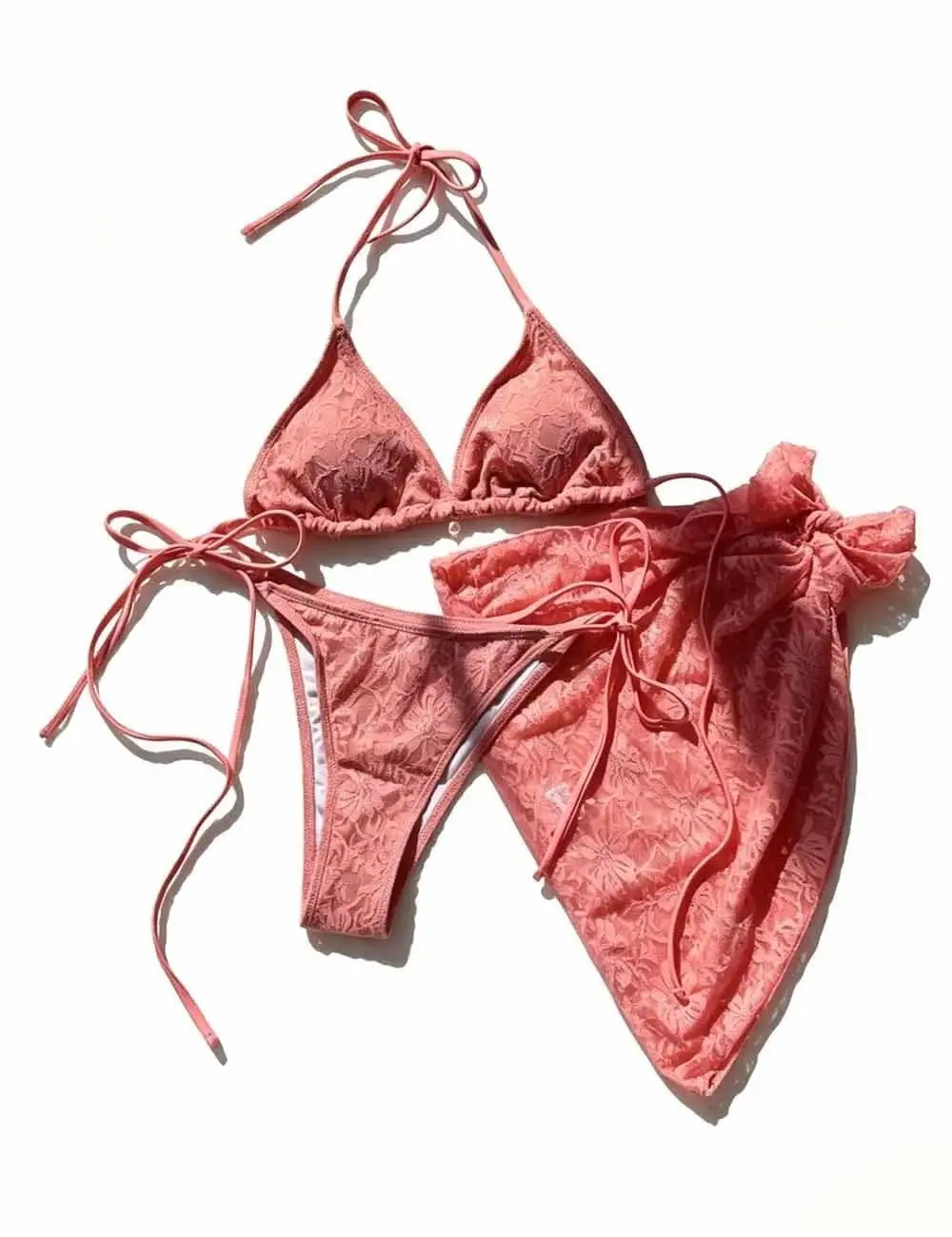 Lace Mesh Triangle Bikini Set with Sarong Set