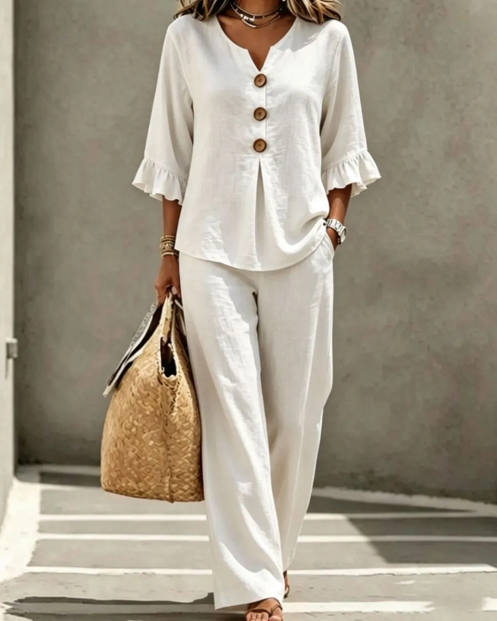 Vacation Two-Piece Set Ruffle Sleeve Top Button Relaxed Outfit